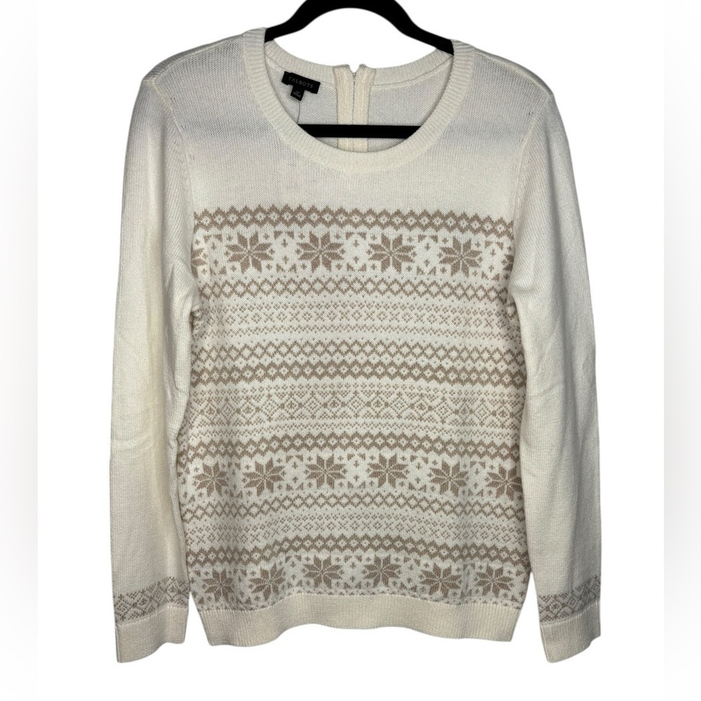NWT Talbots Fair Isle Winter Print Cream Knit Crewneck Sweater Size Medium